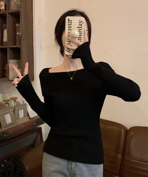WESTSEA(ウエストシー)の「オフショルダー リブニット トップス(ニット/セーター・レディース・ワイン/ブラック/ピンク/ホワイト/グレー・FREE)」の8枚目の写真