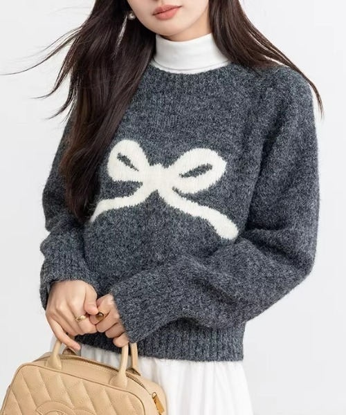 ampm（エーエムピーエム）の「※【ampm】リボンプリントシャギーニット（ニット/セーター・レディース・チャコールグレー/アイボリー/ライトグレー/パープル・FREE）」の3枚目の写真