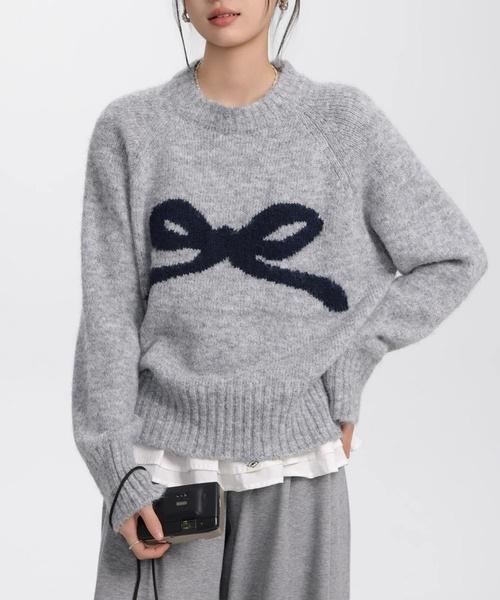 ampm（エーエムピーエム）の「※【ampm】リボンプリントシャギーニット（ニット/セーター・レディース・チャコールグレー/アイボリー/ライトグレー/パープル・FREE）」の4枚目の写真