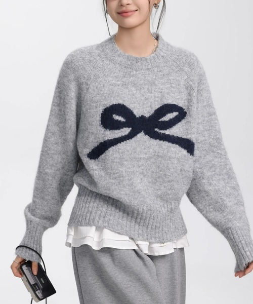 ampm（エーエムピーエム）の「※【ampm】リボンプリントシャギーニット（ニット/セーター・レディース・チャコールグレー/アイボリー/ライトグレー/パープル・FREE）」の6枚目の写真