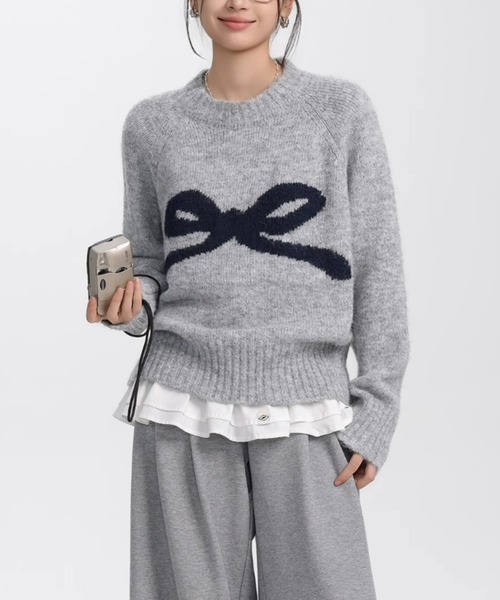 ampm（エーエムピーエム）の「※【ampm】リボンプリントシャギーニット（ニット/セーター・レディース・チャコールグレー/アイボリー/ライトグレー/パープル・FREE）」の8枚目の写真