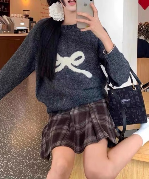 ampm（エーエムピーエム）の「※【ampm】リボンプリントシャギーニット（ニット/セーター・レディース・チャコールグレー/アイボリー/ライトグレー/パープル・FREE）」の5枚目の写真