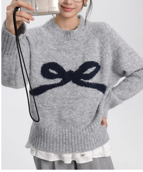 ampm（エーエムピーエム）の「※【ampm】リボンプリントシャギーニット（ニット/セーター・レディース・チャコールグレー/アイボリー/ライトグレー/パープル・FREE）」の7枚目の写真