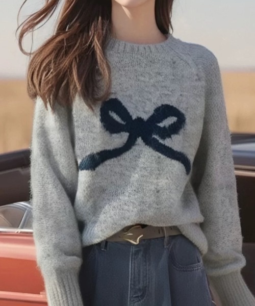 ampm（エーエムピーエム）の「※【ampm】リボンプリントシャギーニット（ニット/セーター・レディース・チャコールグレー/アイボリー/ライトグレー/パープル・FREE）」の9枚目の写真