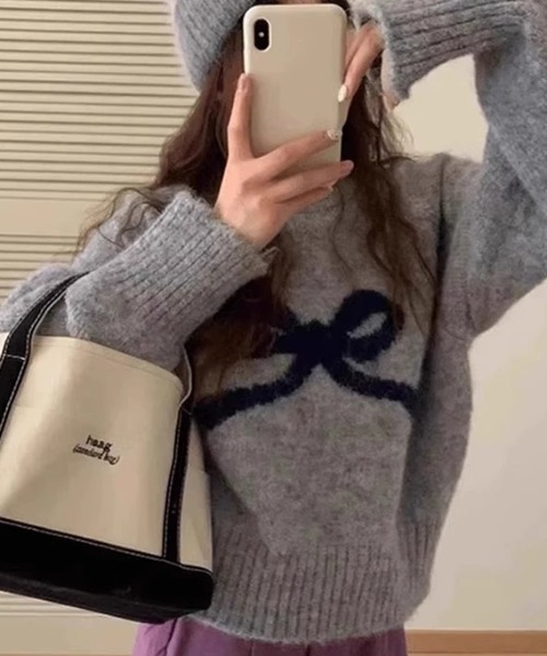 ampm（エーエムピーエム）の「※【ampm】リボンプリントシャギーニット（ニット/セーター・レディース・チャコールグレー/アイボリー/ライトグレー/パープル・FREE）」の11枚目の写真