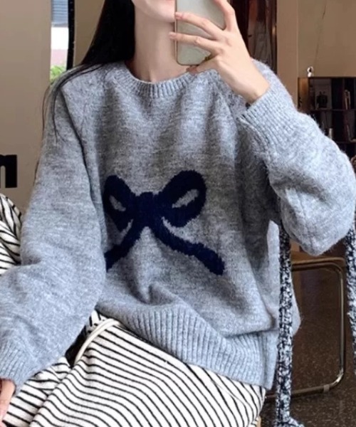 ampm（エーエムピーエム）の「※【ampm】リボンプリントシャギーニット（ニット/セーター・レディース・チャコールグレー/アイボリー/ライトグレー/パープル・FREE）」の12枚目の写真