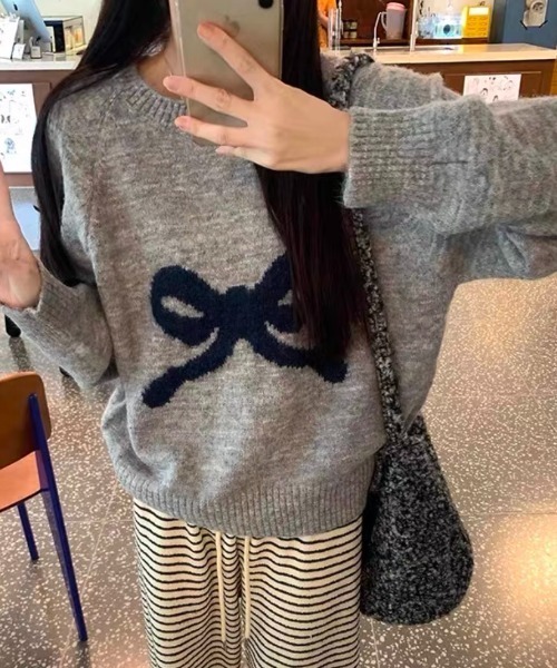 ampm（エーエムピーエム）の「※【ampm】リボンプリントシャギーニット（ニット/セーター・レディース・チャコールグレー/アイボリー/ライトグレー/パープル・FREE）」の14枚目の写真