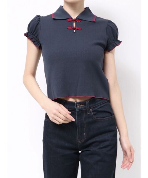 jouetie（ジュエティ）の「パフスリーブチャイナポロトップス（ポロシャツ・レディース・ブラック/ネイビー/ブルー/アイボリー・MEDIUM）」の4枚目の写真