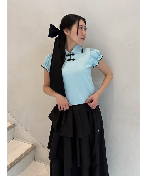 jouetie（ジュエティ）の「パフスリーブチャイナポロトップス（ポロシャツ・レディース・ブラック/ネイビー/ブルー/アイボリー・MEDIUM）」の5枚目の写真