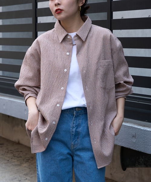 CIAOPANIC TYPY（チャオパニックティピー）の「【ユニセックス】ビックシルエットシアサッカーチェックシャツ（シャツ/ブラウス・メンズ・ブラック/ブラウン/グリーン/ブルー・LARGE/MEDIUM/SMALL）」の2枚目の写真