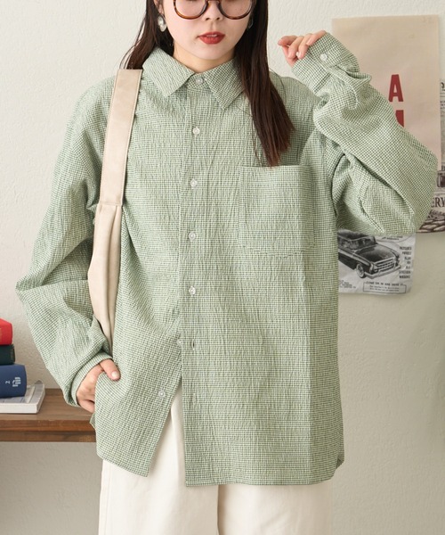 CIAOPANIC TYPY（チャオパニックティピー）の「【ユニセックス】ビックシルエットシアサッカーチェックシャツ（シャツ/ブラウス・メンズ・ブラック/ブラウン/グリーン/ブルー・LARGE/MEDIUM/SMALL）」の13枚目の写真