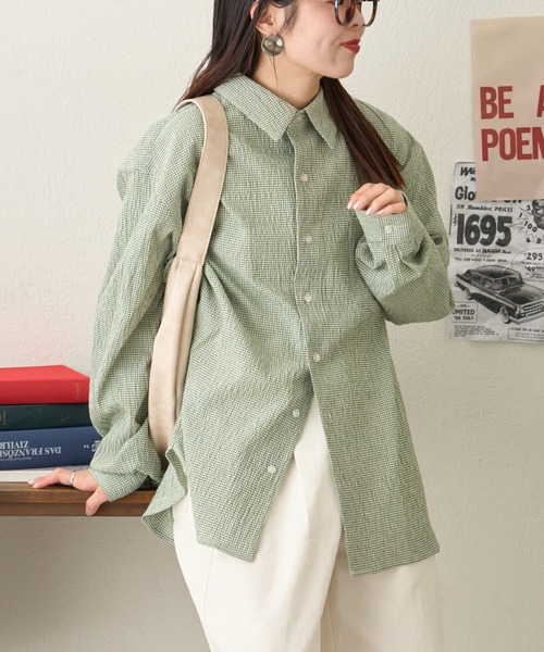 CIAOPANIC TYPY（チャオパニックティピー）の「【ユニセックス】ビックシルエットシアサッカーチェックシャツ（シャツ/ブラウス・メンズ・ブラック/ブラウン/グリーン/ブルー・LARGE/MEDIUM/SMALL）」の14枚目の写真