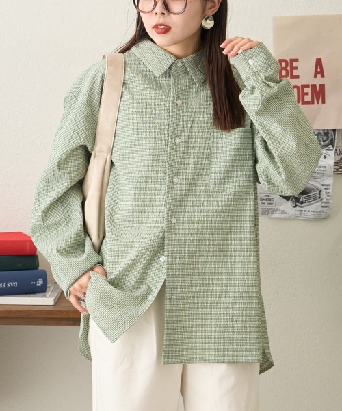 CIAOPANIC TYPY（チャオパニックティピー）の「【ユニセックス】ビックシルエットシアサッカーチェックシャツ（シャツ/ブラウス・メンズ・ブラック/ブラウン/グリーン/ブルー・LARGE/MEDIUM/SMALL）」の17枚目の写真