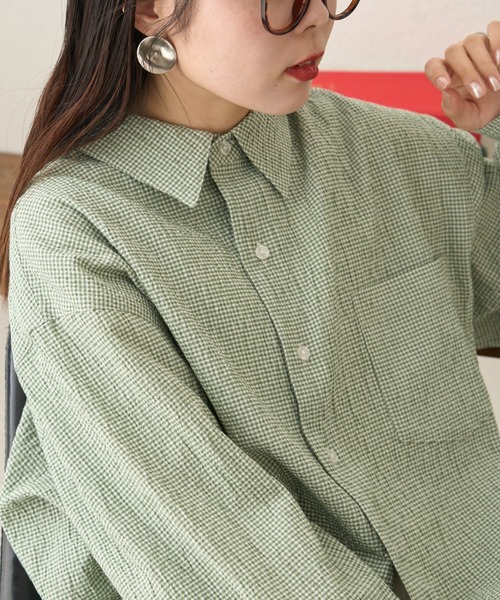 CIAOPANIC TYPY（チャオパニックティピー）の「【ユニセックス】ビックシルエットシアサッカーチェックシャツ（シャツ/ブラウス・メンズ・ブラック/ブラウン/グリーン/ブルー・LARGE/MEDIUM/SMALL）」の10枚目の写真