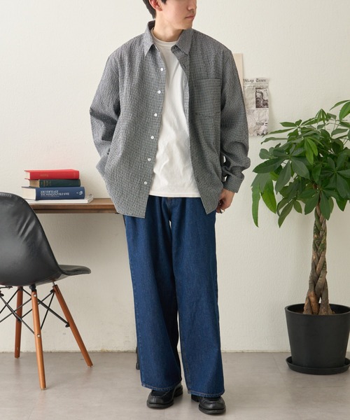 CIAOPANIC TYPY（チャオパニックティピー）の「【ユニセックス】ビックシルエットシアサッカーチェックシャツ（シャツ/ブラウス・メンズ・ブラック/ブラウン/グリーン/ブルー・LARGE/MEDIUM/SMALL）」の7枚目の写真