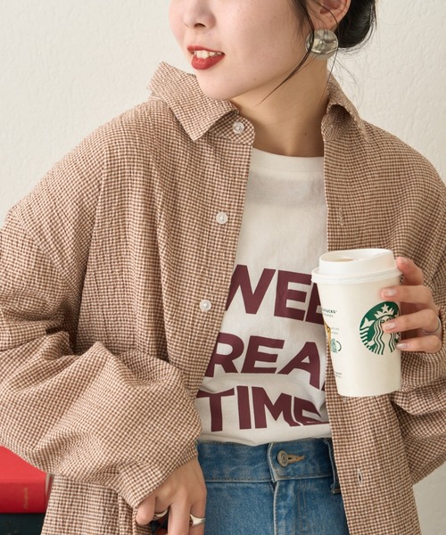 CIAOPANIC TYPY（チャオパニックティピー）の「【ユニセックス】ビックシルエットシアサッカーチェックシャツ（シャツ/ブラウス・メンズ・ブラック/ブラウン/グリーン/ブルー・LARGE/MEDIUM/SMALL）」の9枚目の写真