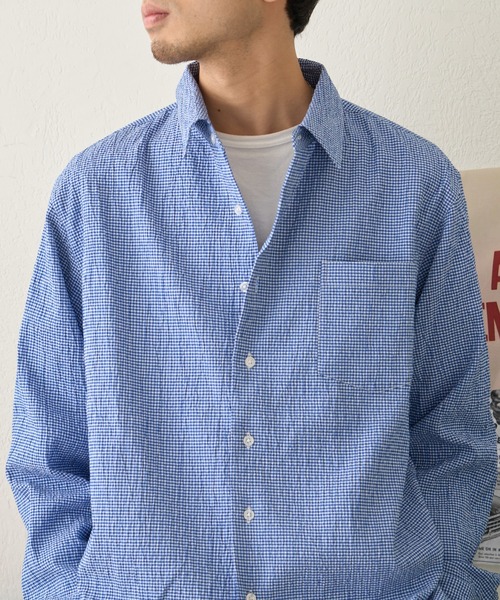 CIAOPANIC TYPY（チャオパニックティピー）の「【ユニセックス】ビックシルエットシアサッカーチェックシャツ（シャツ/ブラウス・メンズ・ブラック/ブラウン/グリーン/ブルー・LARGE/MEDIUM/SMALL）」の12枚目の写真