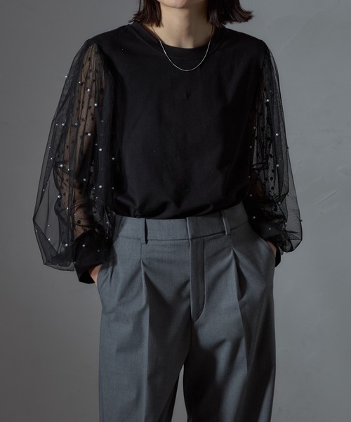 each（イーチ）の「パール付きチュールスリーブプルオーバー（Tシャツ/カットソー・レディース・ブラック/ホワイト/グレー・FREE）」の8枚目の写真