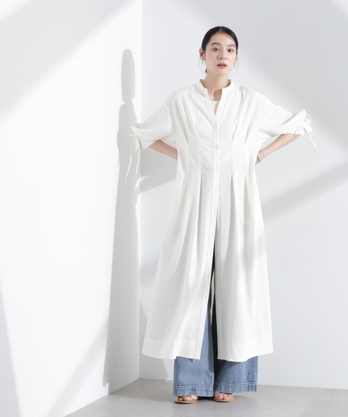 NANO universe（ナノユニバース）の「リボンスリーブサッカーシャツワンピース（シャツワンピース・レディース・ブラック/オフホワイト・FREE）」の2枚目の写真