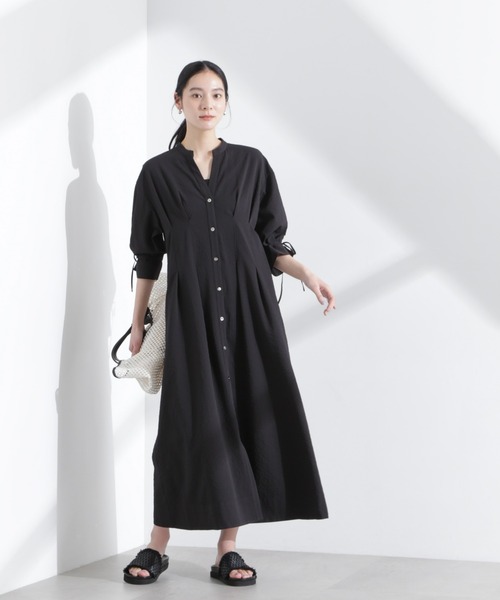 NANO universe（ナノユニバース）の「リボンスリーブサッカーシャツワンピース（シャツワンピース・レディース・ブラック/オフホワイト・FREE）」の10枚目の写真