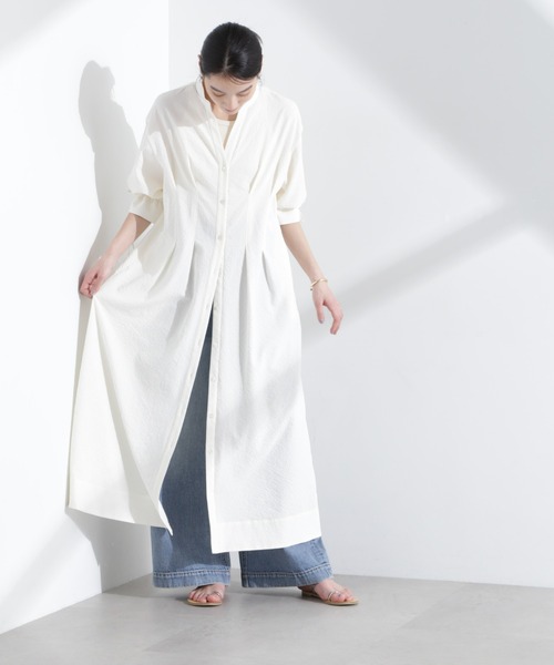 NANO universe（ナノユニバース）の「リボンスリーブサッカーシャツワンピース（シャツワンピース・レディース・ブラック/オフホワイト・FREE）」の4枚目の写真