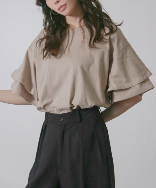 Social GIRL(ソーシャルガール)の「袖フリル オーバーサイズ Tシャツ 半袖 無地 ベーシック(Tシャツ/カットソー・レディース・アイボリー/ブラック/ベージュ・M)」の3枚目の写真