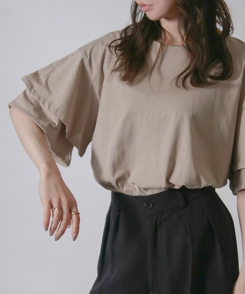 Social GIRL(ソーシャルガール)の「袖フリル オーバーサイズ Tシャツ 半袖 無地 ベーシック(Tシャツ/カットソー・レディース・アイボリー/ブラック/ベージュ・M)」の15枚目の写真