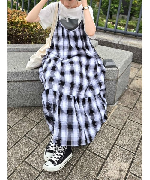 sm2rhythm（サマンサモスモスリズム）の「【動画あり】シャーリングチェックキャミワンピース（ワンピース・レディース・ブラウン/オフホワイト・F）」の4枚目の写真