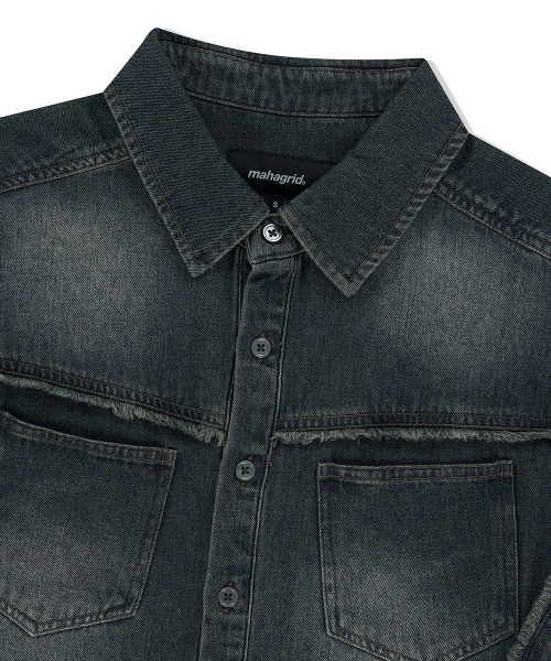 MAHAGRID（マハグリッド）の「『mahagrid/マハグリッド』DENIM HALF SHIRT /ウォッシュ加工 デニムシャツ（シャツ/ブラウス・メンズ・ブルー/ブラック・S/M）」の9枚目の写真