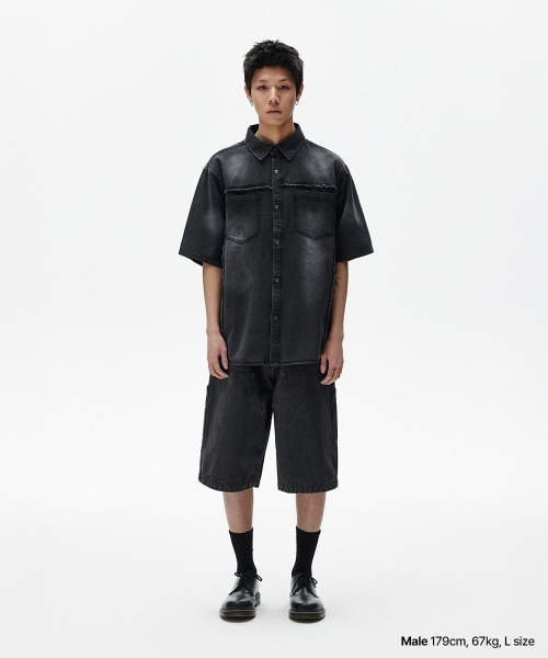 MAHAGRID（マハグリッド）の「『mahagrid/マハグリッド』DENIM HALF SHIRT /ウォッシュ加工 デニムシャツ（シャツ/ブラウス・メンズ・ブルー/ブラック・S/M）」の6枚目の写真