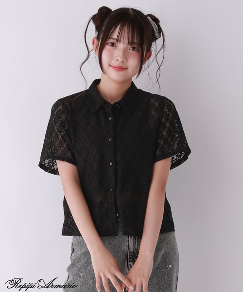 repipi armario(レピピ アルマリオ)の「【girly line】オハナレース開襟シャツ(シャツ/ブラウス・キッズ・ブラック/ホワイト・LARGE/MEDIUM/SMALL)」の2枚目の写真