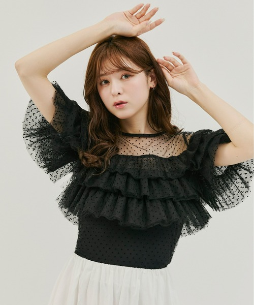 Olu.（オルドット）の「フロッキードットフリルトップス（シャツ/ブラウス・レディース・ブラック/ブルーグレー/ホワイト・FREE）」の2枚目の写真