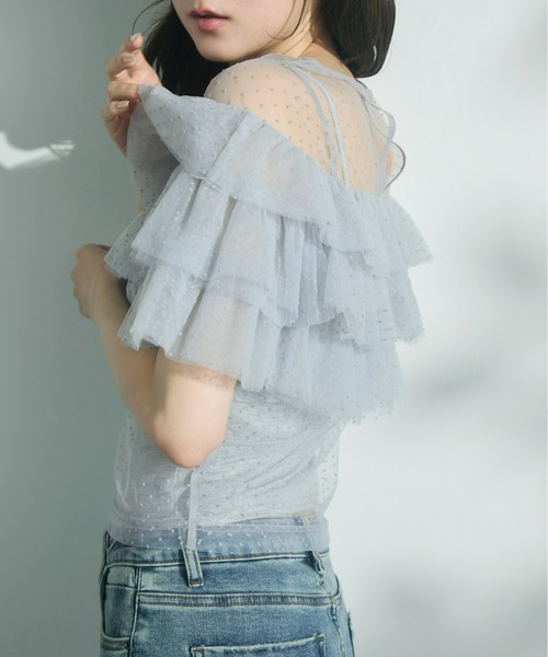 Olu.（オルドット）の「フロッキードットフリルトップス（シャツ/ブラウス・レディース・ブラック/ブルーグレー/ホワイト・FREE）」の9枚目の写真
