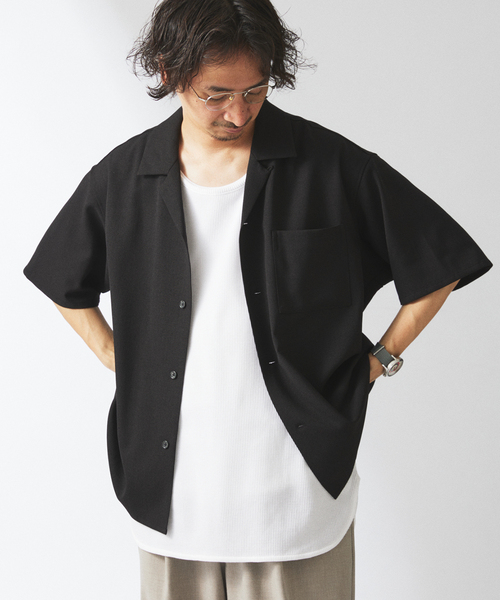 JOURNAL STANDARD relume（ジャーナルスタンダード　レリューム）の「TECH バスケット ウォッシャブル オープンカラーシャツ(セットアップ着用可）（シャツ/ブラウス・メンズ・チャコールグレー/ブラック/ウッド・LARGE/MEDIUM）」の2枚目の写真