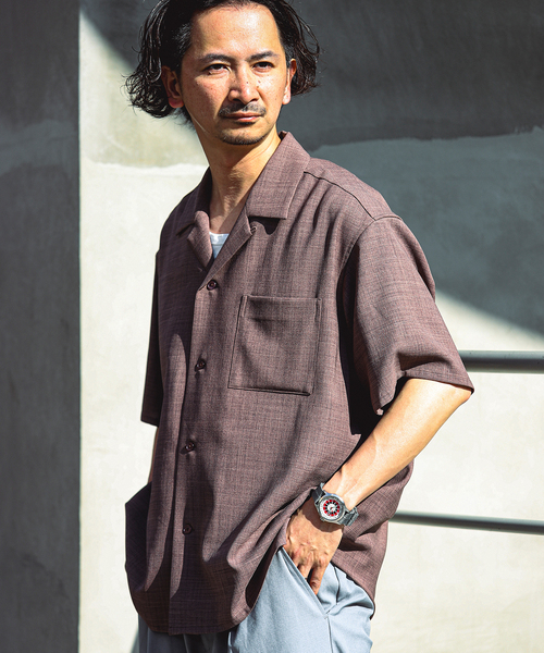 JOURNAL STANDARD relume（ジャーナルスタンダード　レリューム）の「TECH バスケット ウォッシャブル オープンカラーシャツ(セットアップ着用可）（シャツ/ブラウス・メンズ・チャコールグレー/ブラック/ウッド・LARGE/MEDIUM）」の9枚目の写真