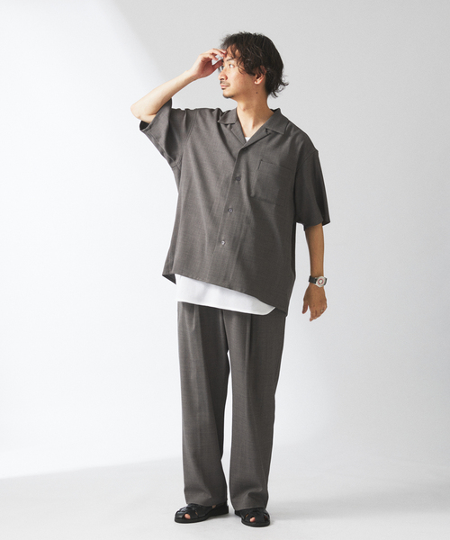 JOURNAL STANDARD relume（ジャーナルスタンダード　レリューム）の「TECH バスケット ウォッシャブル オープンカラーシャツ(セットアップ着用可）（シャツ/ブラウス・メンズ・チャコールグレー/ブラック/ウッド・LARGE/MEDIUM）」の12枚目の写真