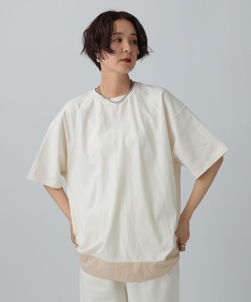 LEPSIM(レプシィム)の「ラグラン異素材5分袖プルオーバー 492547(Tシャツ/カットソー・レディース・アイボリー/オフホワイト/チャコールグレー・FREE)」の4枚目の写真