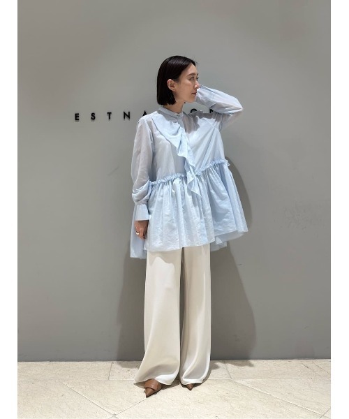 エストネーション 絶品 女っぷり フリル バンドカラー シャツ ブラウス 白 エストネーション 絶品 女っぷり フリル バンドカラー シャツ