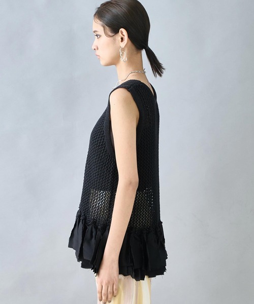 Settimissimo（セッティミッシモ）の「テープヤーン 透かし編み フリンジ ニット（ニット/セーター・レディース・ブラック/アイボリー・FREE）」の14枚目の写真