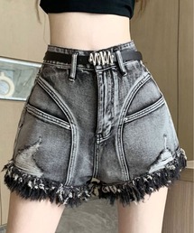 ベルト付き ダメージ デニム ショートパンツ