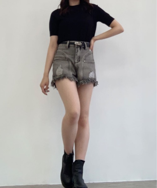 kirakiraShop(キラキラショップ)の「ベルト付き ダメージ デニム ショートパンツ(デニムパンツ・レディース・ブラック・S/M/L)」の9枚目の写真