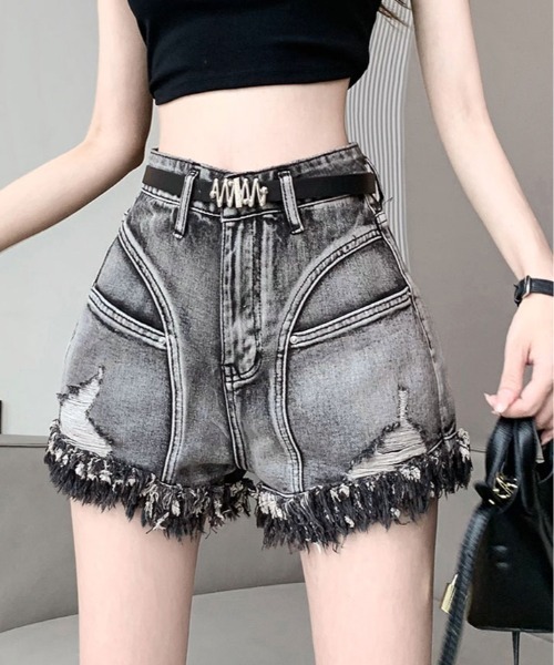 kirakiraShop(キラキラショップ)の「ベルト付き ダメージ デニム ショートパンツ(デニムパンツ・レディース・ブラック・S/M/L)」の17枚目の写真