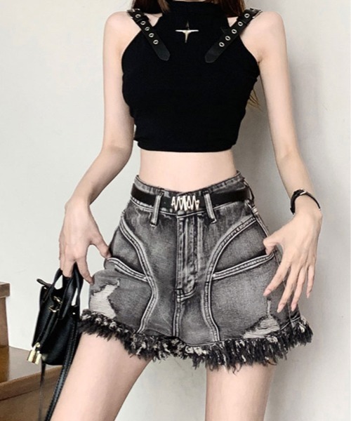 kirakiraShop(キラキラショップ)の「ベルト付き ダメージ デニム ショートパンツ(デニムパンツ・レディース・ブラック・S/M/L)」の20枚目の写真