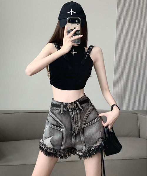 kirakiraShop(キラキラショップ)の「ベルト付き ダメージ デニム ショートパンツ(デニムパンツ・レディース・ブラック・S/M/L)」の21枚目の写真
