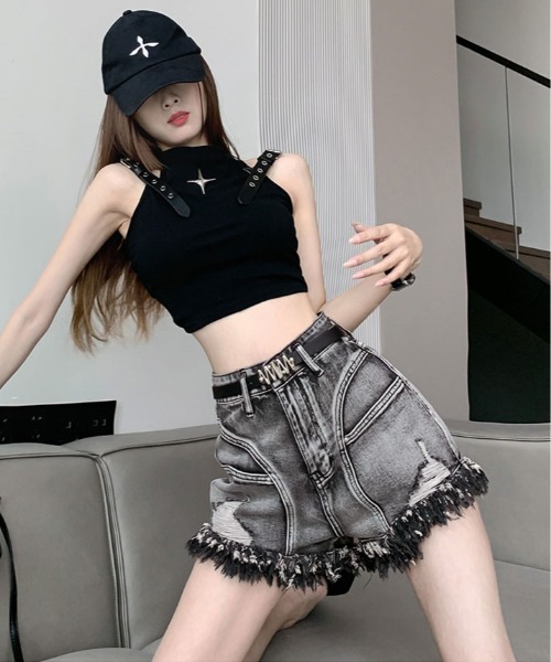 kirakiraShop(キラキラショップ)の「ベルト付き ダメージ デニム ショートパンツ(デニムパンツ・レディース・ブラック・S/M/L)」の22枚目の写真