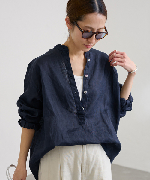【極美品】FRAMeWORK フレンチリネンバンドカラーシャツ　2025ss フレンチリネンバンドカラーシャツ（シャツ/ブラウス