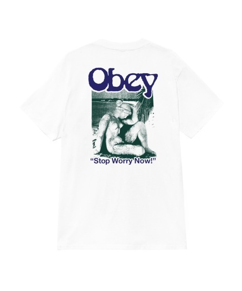 OBEY(オベイ)の「OBEY STOP WORRY NOW CLASSIC T-SHIRT(オベイ ストップ ウォーリー ナウ クラシックTシャツ)(Tシャツ/カットソー・メンズ・ペールイエロー/グリーン系/ホワイト・X-LARGE/LARGE/MEDIUM)」の2枚目の写真