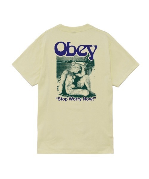OBEY(オベイ)の「OBEY STOP WORRY NOW CLASSIC T-SHIRT(オベイ ストップ ウォーリー ナウ クラシックTシャツ)(Tシャツ/カットソー・メンズ・ペールイエロー/グリーン系/ホワイト・X-LARGE/LARGE/MEDIUM)」の3枚目の写真