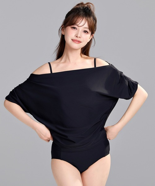 セール】レディース水着 2WAYオフショル/ワンショルドレープトップス+