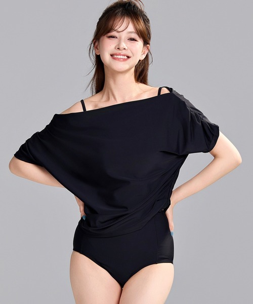 セール】レディース水着 2WAYオフショル/ワンショルドレープトップス+